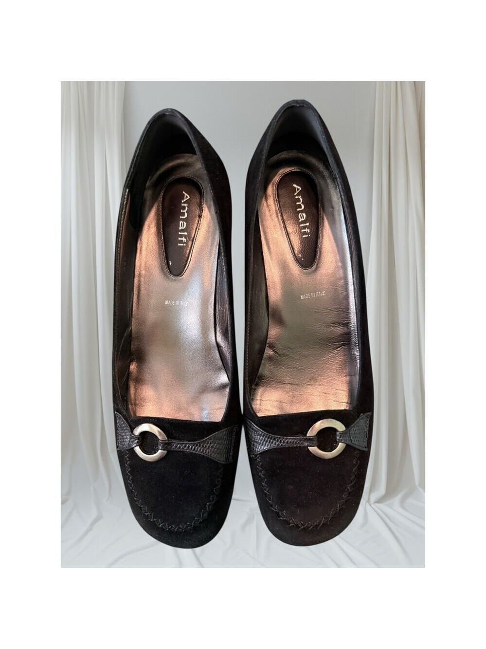 Vtg Amalfi Made in Italy Black Suede Leather Heels w/ Silver Ring Accent 9.5B